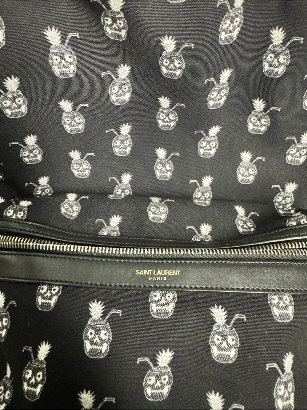Saint Laurent Black Canvas Backpack with White Pineapple Skull Motif